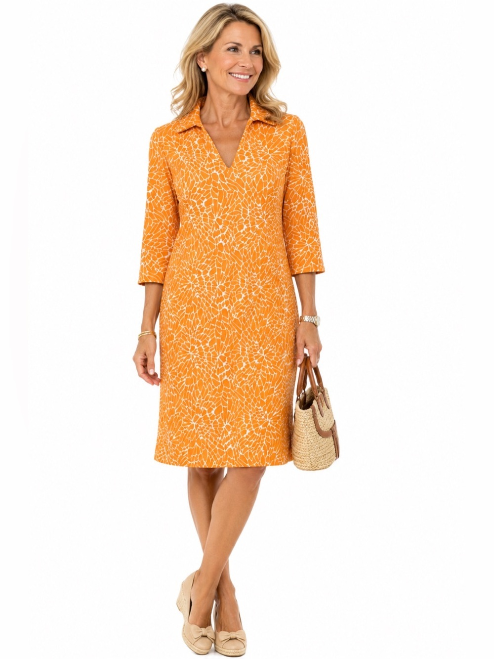 Katherine Way Orange Floral Dress S Womens Casual Chic V-Neck 3/4 Sleeve A-Line